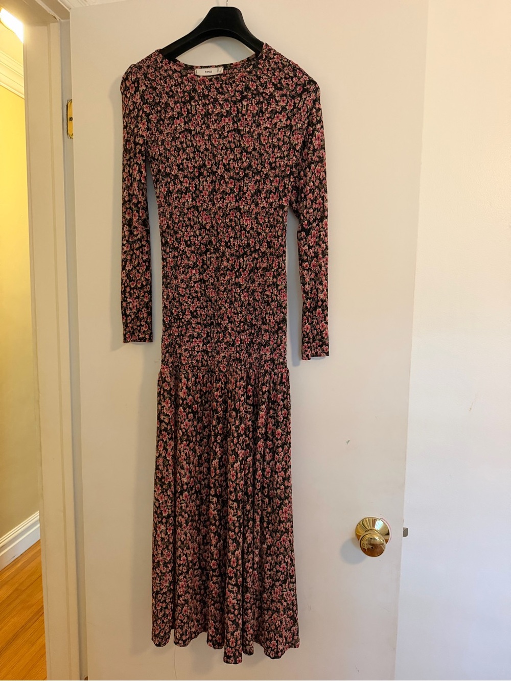 Mango Black Long-Sleeve Floral Midi Dress with Pink Print